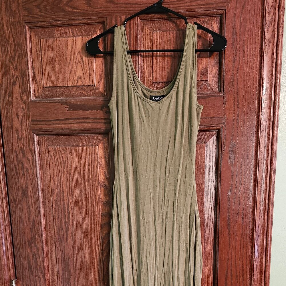 Bebe Olive Green Scoop Neck Tank Side Slit Maxi Long Dress